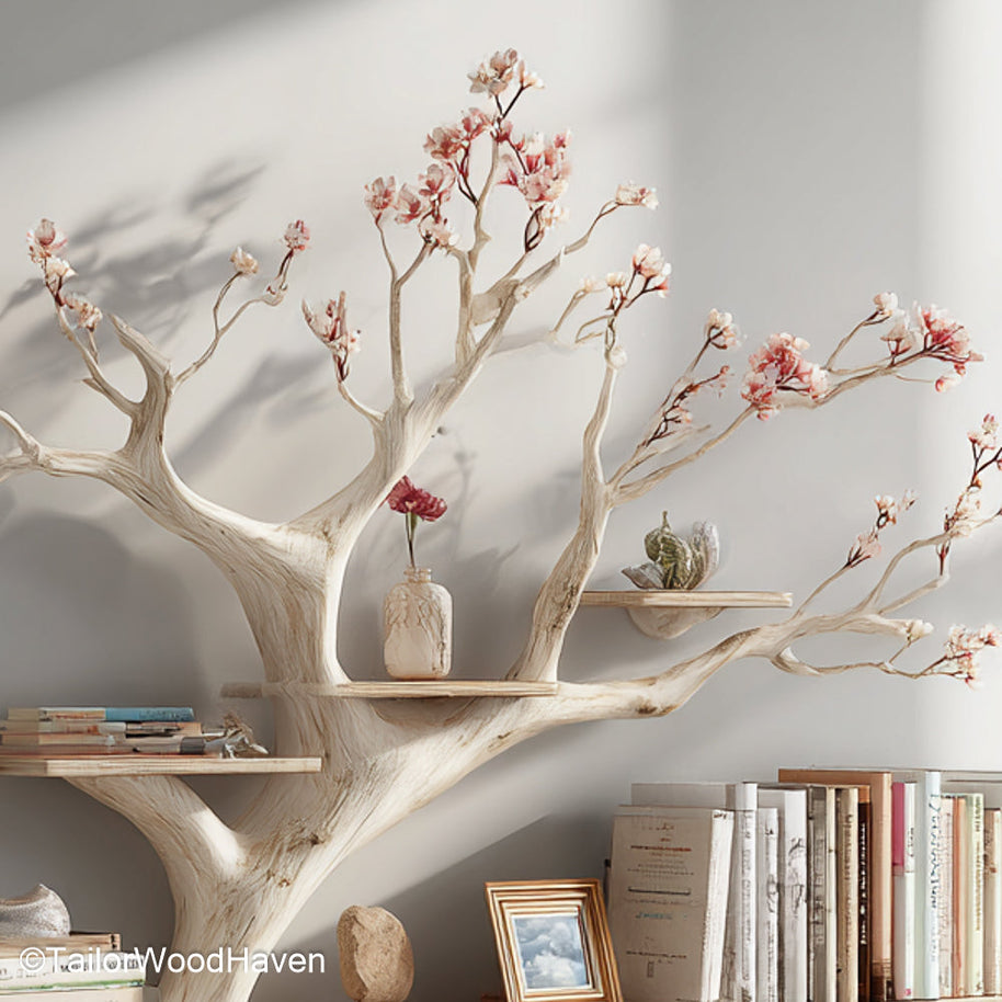 Tree Shaped Wall Bookcase Artistic Wooden Tree Shelf Mounted on Wall for Unique Storage and Decor