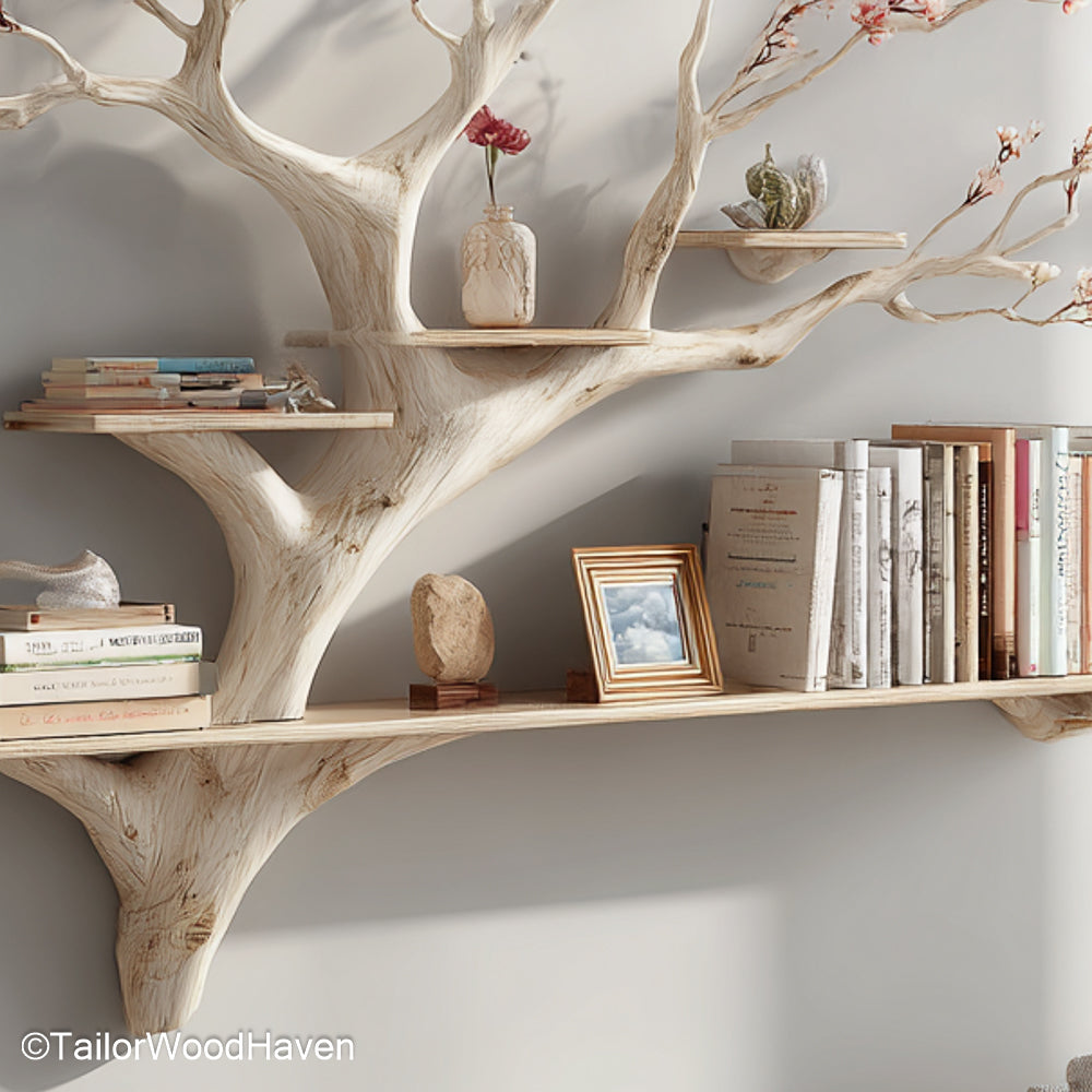 Tree Shaped Wall Bookcase Artistic Wooden Tree Shelf Mounted on Wall for Unique Storage and Decor