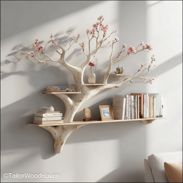 Tree Shaped Wall Bookcase Artistic Wooden Tree Shelf Mounted on Wall for Unique Storage and Decor