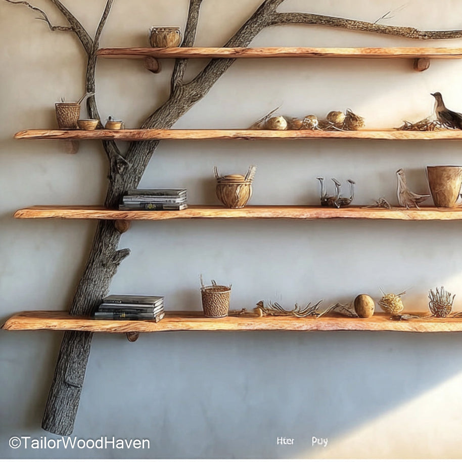 Tree Trunk Wall Shelf Floating Bookshelf Carved from Solid Wood with Tree Trunk Texture