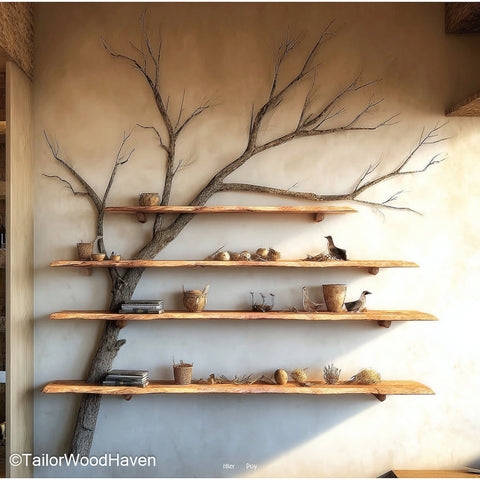 Tree Trunk Wall Shelf Floating Bookshelf Carved from Solid Wood with Tree Trunk Texture