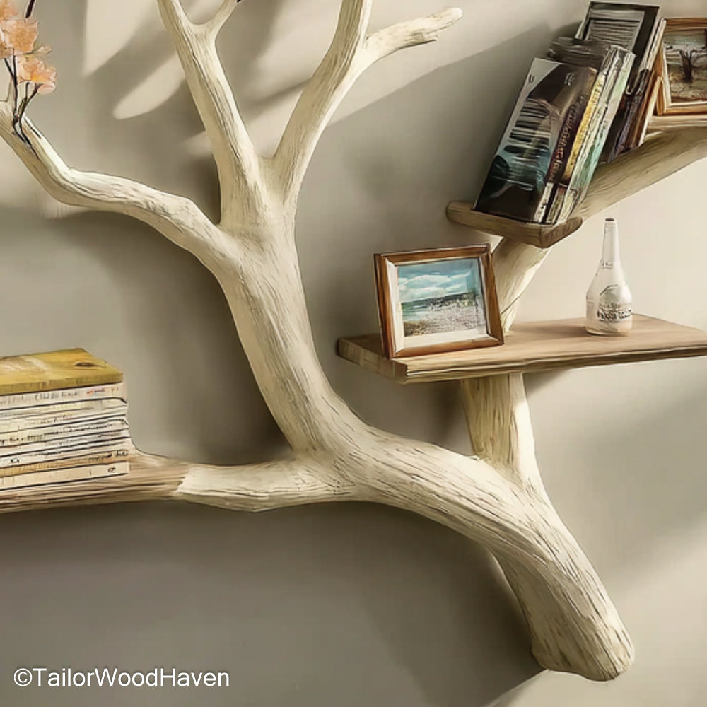 Tree Wall Shelf Design Sculptural Wooden Floating Shelf Featuring Artistic Tree Design