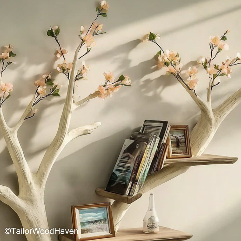 Tree Wall Shelf Design Sculptural Wooden Floating Shelf Featuring Artistic Tree Design