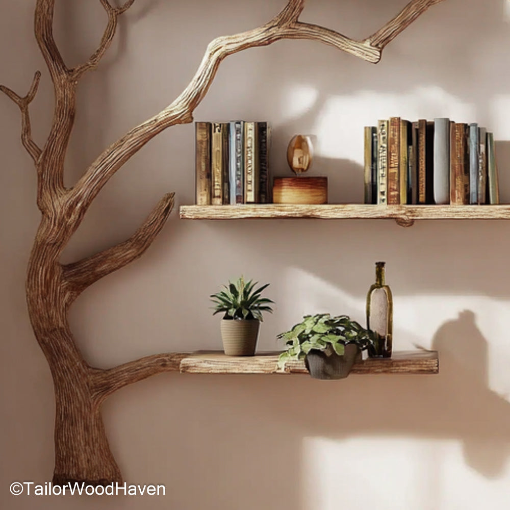 Wooden Wall Tree Shelf Handmade Tree-Shaped Wall Shelf from Real Wood for Decorative Display
