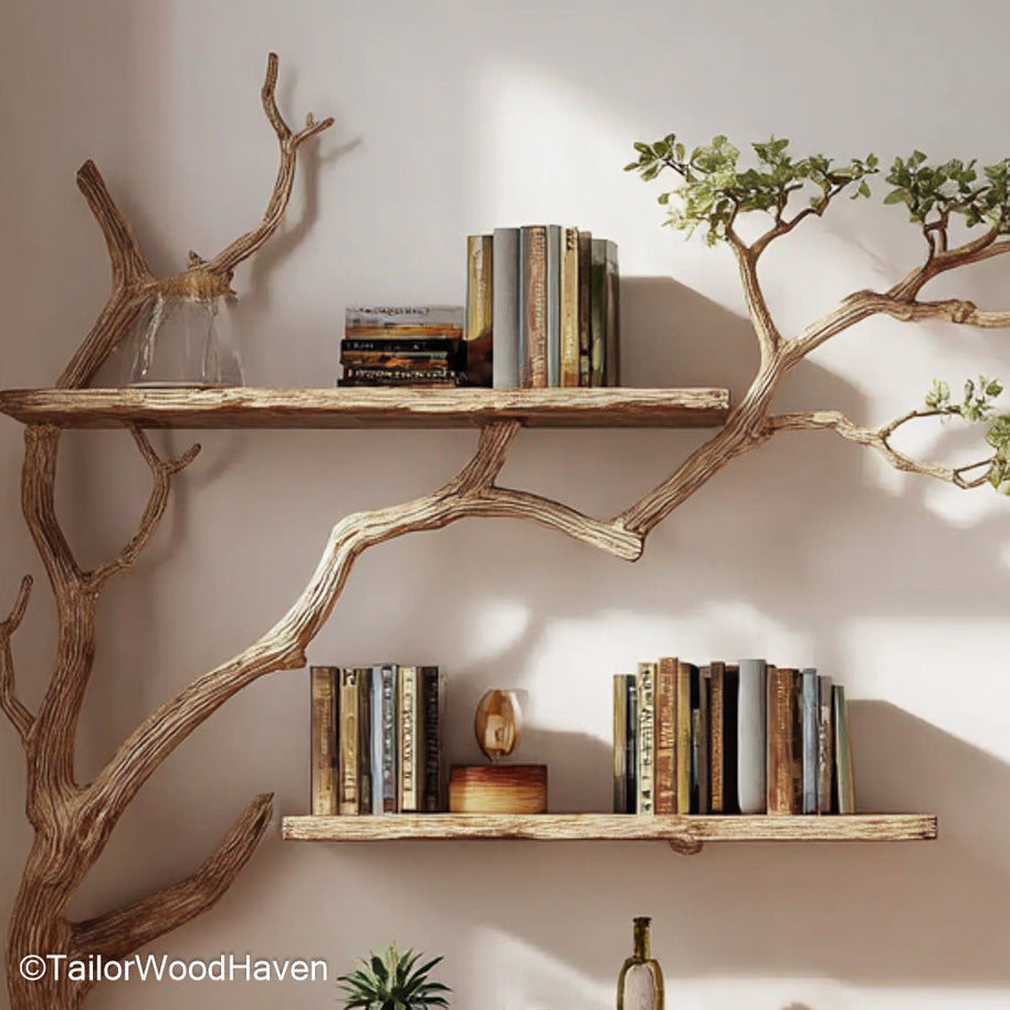 Wooden Wall Tree Shelf Handmade Tree-Shaped Wall Shelf from Real Wood for Decorative Display