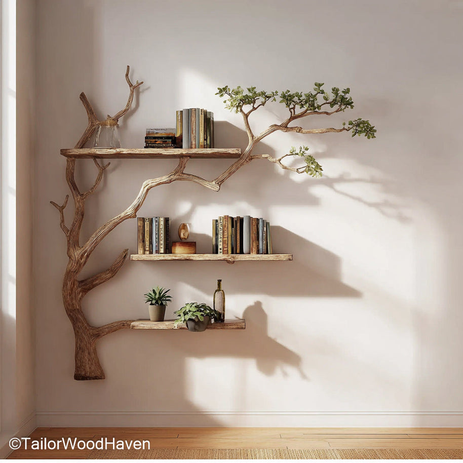 Wooden Wall Tree Shelf Handmade Tree-Shaped Wall Shelf from Real Wood for Decorative Display