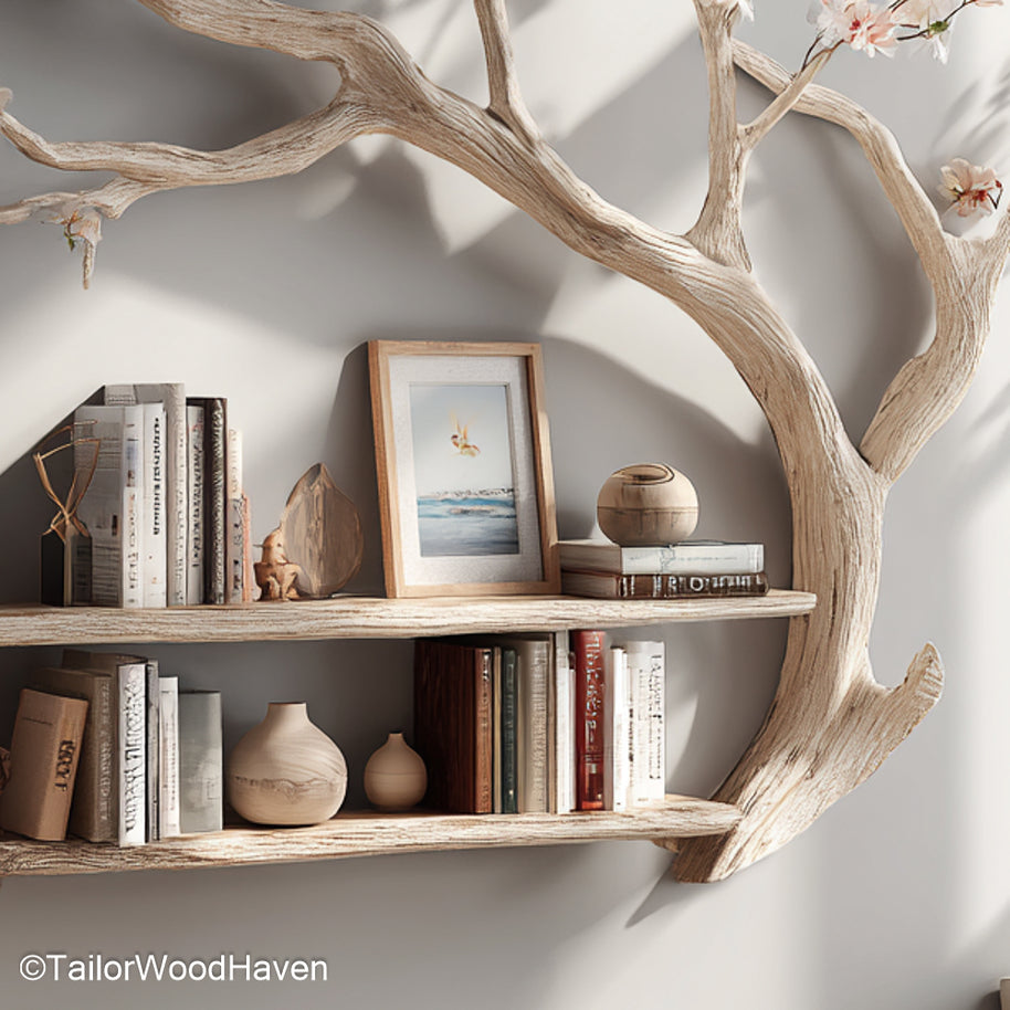 Rustic Tree Branch Wall Shelves Handmade Wooden Floating Bookshelves Inspired by Nature’s Organic Shapes