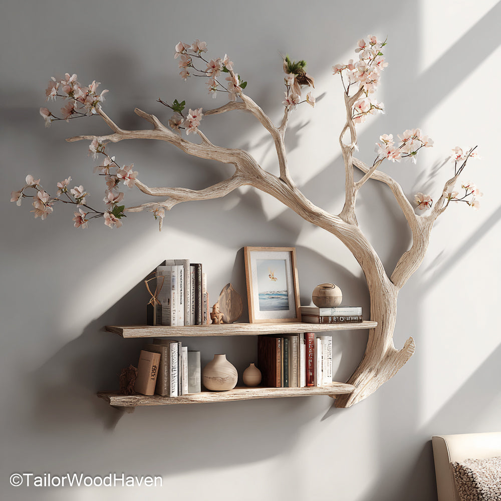 Rustic Tree Branch Wall Shelves Handmade Wooden Floating Bookshelves Inspired by Nature’s Organic Shapes