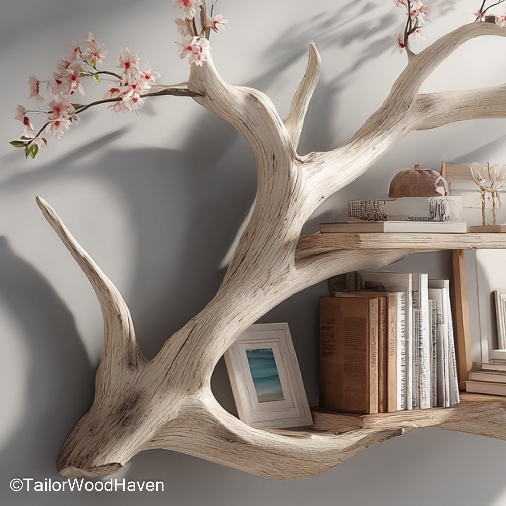 Tree Branch Floating Bookshelf Handmade Wall-Mounted Wooden Shelf That Mimics Natural Branch Shapes