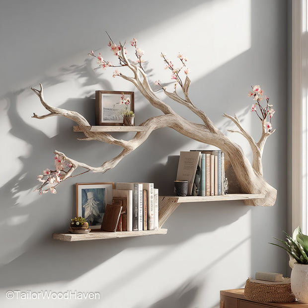 Tree Branch Wall Bookshelf Wooden Wall Mounted Tree Shelf with Branch Design for Rustic and Nature Inspired Interiors