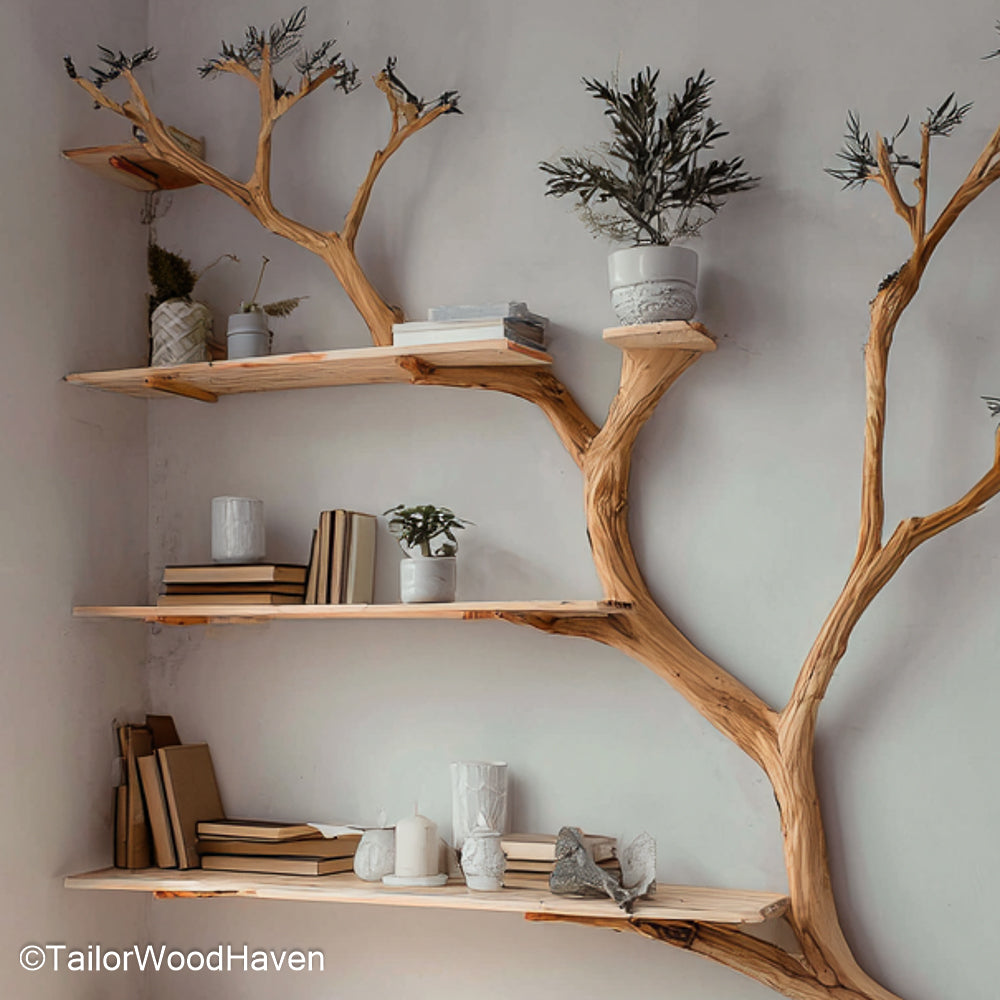 Tree Shaped Book Case Freestanding Wooden Bookcase Styled Like a Tree for Modern Rustic Interior Design