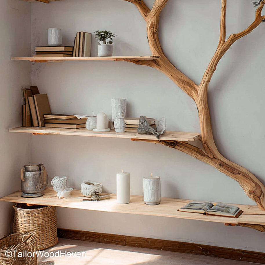 Tree Shaped Book Case Freestanding Wooden Bookcase Styled Like a Tree for Modern Rustic Interior Design