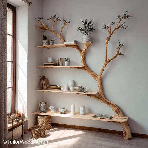 Tree Shaped Book Case Freestanding Wooden Bookcase Styled Like a Tree for Modern Rustic Interior Design