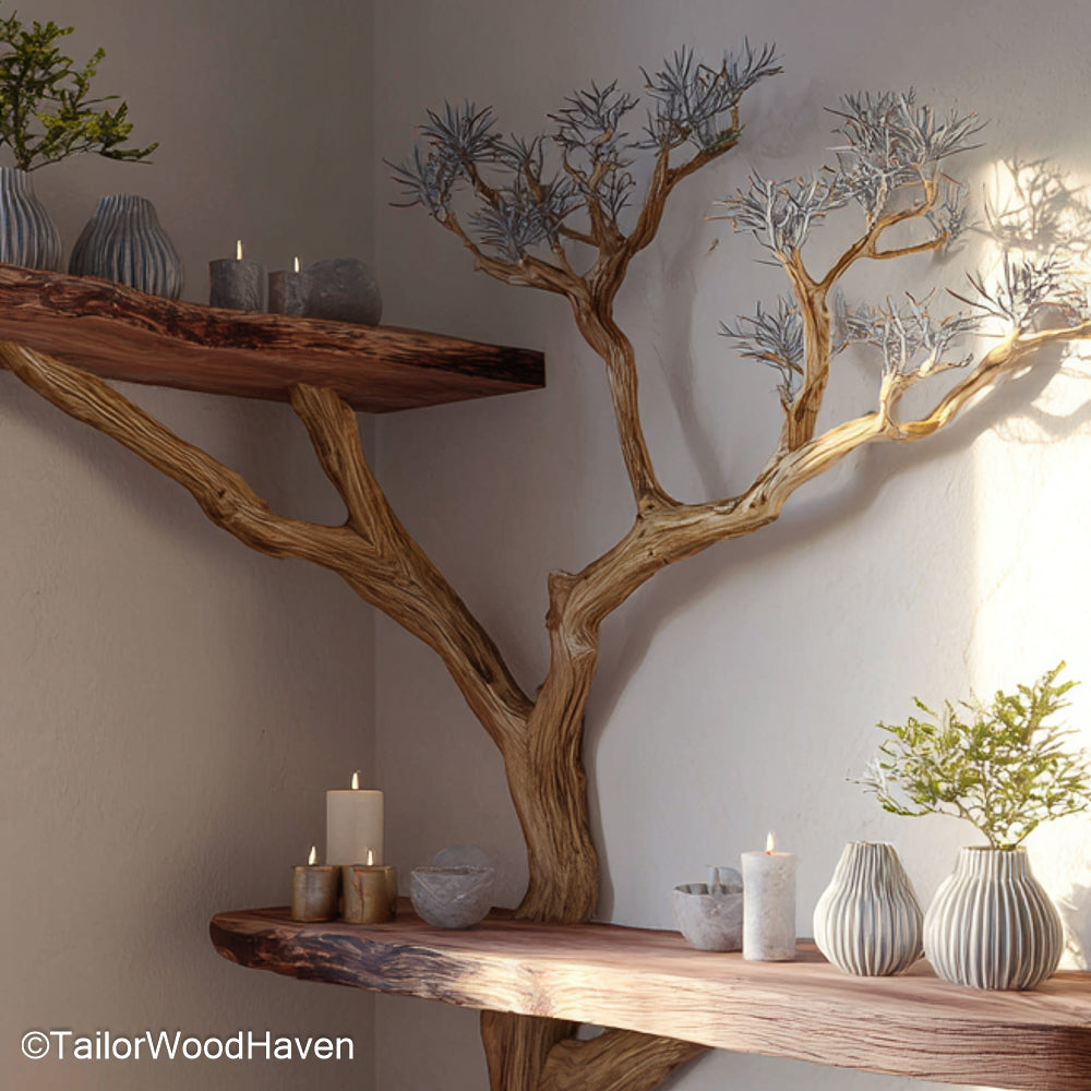 Tree Style Bookcase Freestanding Wooden Bookcase Designed in Artistic Tree Style for Rustic and Nature Inspired Interiors