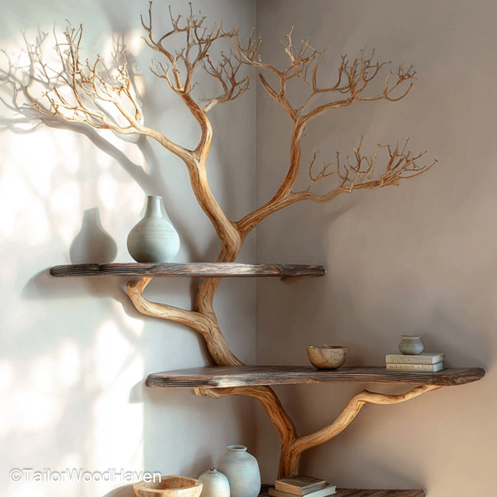 Branch Book Shelf Wooden Wall Shelf Inspired by Tree Branches, Ideal for Rustic or Organic Decor Themes