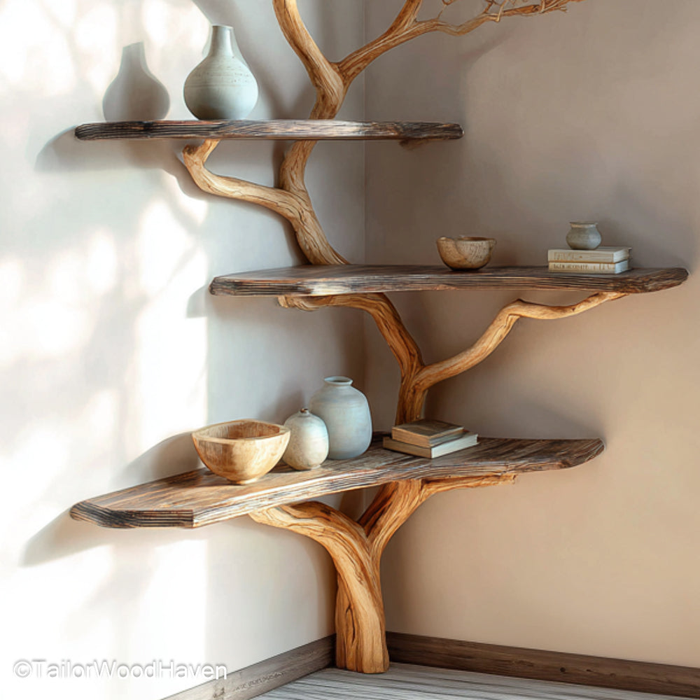 Branch Book Shelf Wooden Wall Shelf Inspired by Tree Branches, Ideal for Rustic or Organic Decor Themes