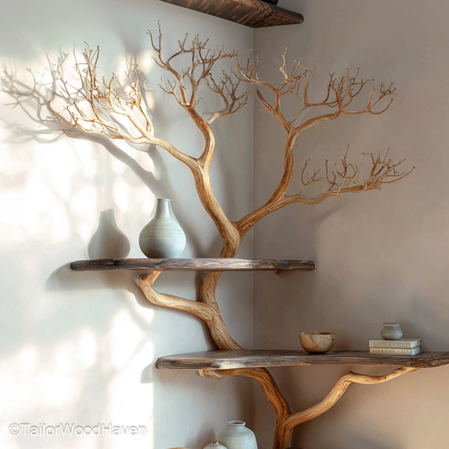 Shelf on a Tree – Unique Wooden Bookshelf That Mimics a Shelf Built on a Tree for Natural and Artistic Home Decor