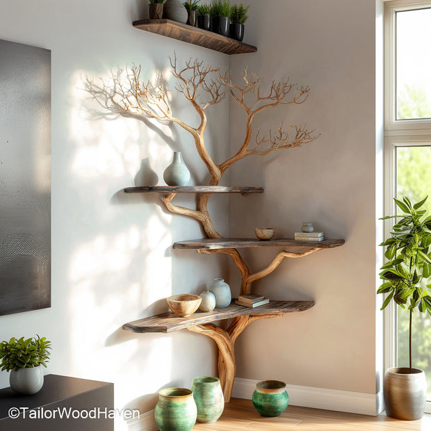 Shelf on a Tree – Unique Wooden Bookshelf That Mimics a Shelf Built on a Tree for Natural and Artistic Home Decor