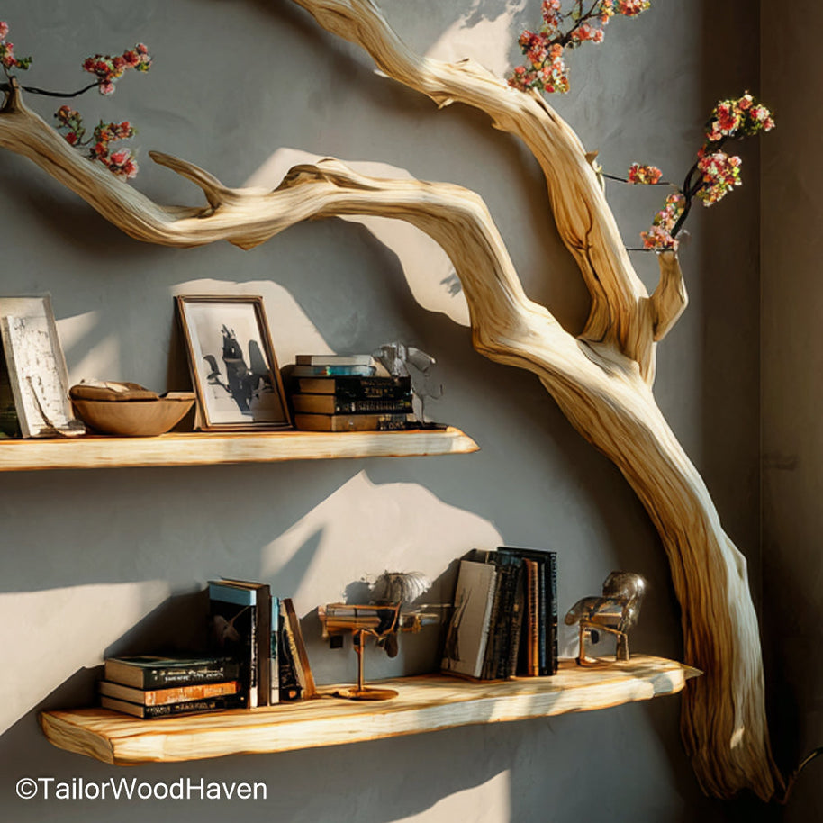 Tree Shaped Wall Bookshelf Handcrafted Wall Mounted Wooden Bookshelf in Tree Form for Living Rooms or Kids' Spaces