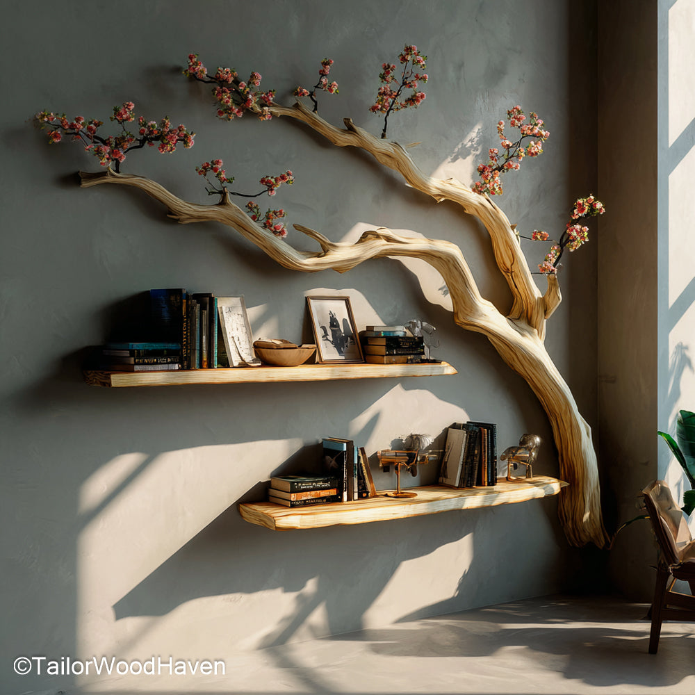 Tree Shaped Wall Bookshelf Handcrafted Wall Mounted Wooden Bookshelf in Tree Form for Living Rooms or Kids' Spaces