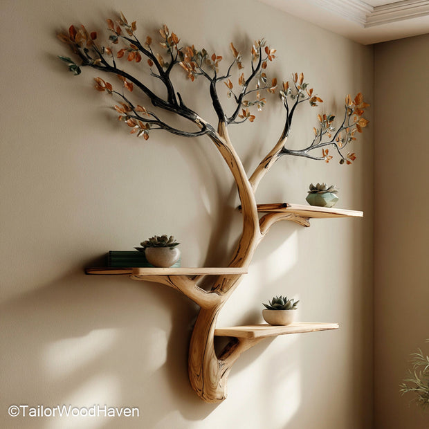 Tree Shelf on Wall Wall Mounted Tree Bookshelf Made from Solid Wood for Eco Themed or Artistic Interior Styling