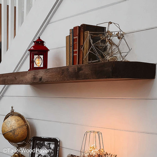 Walnut floating shelf designed from thick walnut wood with wall mounted hardware and clean lines, perfect for rustic or urban wall layouts