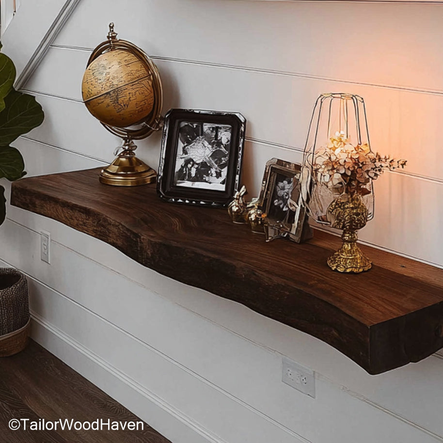 Walnut floating shelf designed from thick walnut wood with wall mounted hardware and clean lines, perfect for rustic or urban wall layouts