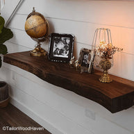 Walnut floating shelf designed from thick walnut wood with wall mounted hardware and clean lines, perfect for rustic or urban wall layouts