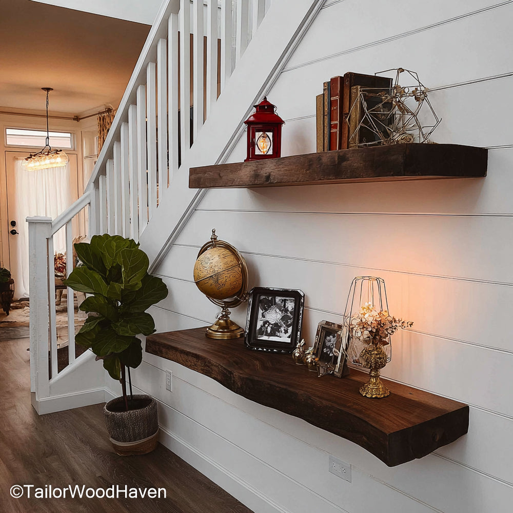 Walnut floating shelf designed from thick walnut wood with wall mounted hardware and clean lines, perfect for rustic or urban wall layouts