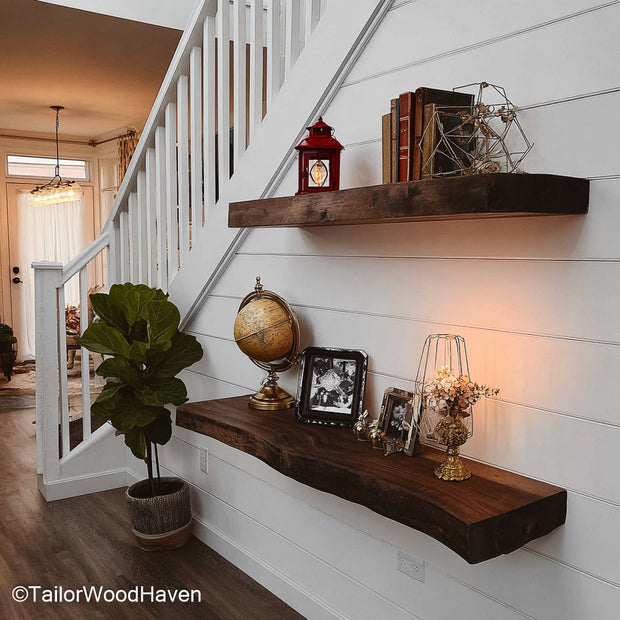 Walnut floating shelf designed from thick walnut wood with wall mounted hardware and clean lines, perfect for rustic or urban wall layouts