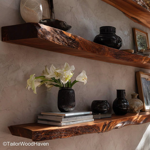 Reclaimed wood floating shelves crafted from salvaged timber with visible grain and clean floating brackets, ideal for rustic or eco friendly interiors