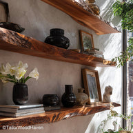 Reclaimed wood floating shelves crafted from salvaged timber with visible grain and clean floating brackets, ideal for rustic or eco friendly interiors