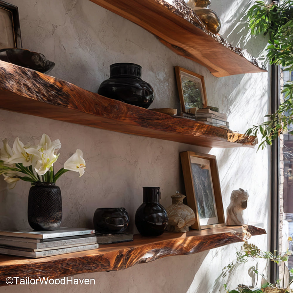 Reclaimed wood floating shelves crafted from salvaged timber with visible grain and clean floating brackets, ideal for rustic or eco friendly interiors