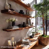 Reclaimed wood floating shelves crafted from salvaged timber with visible grain and clean floating brackets, ideal for rustic or eco friendly interiors