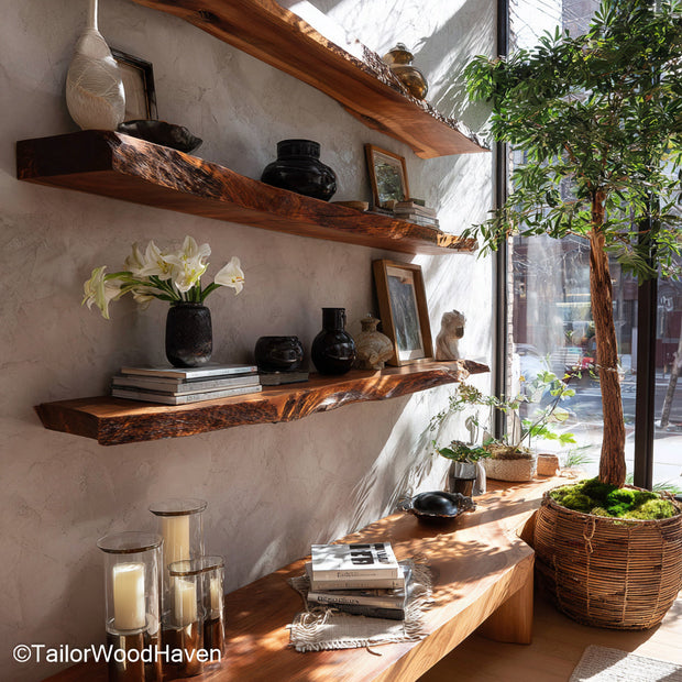 Reclaimed wood floating shelves crafted from salvaged timber with visible grain and clean floating brackets, ideal for rustic or eco friendly interiors