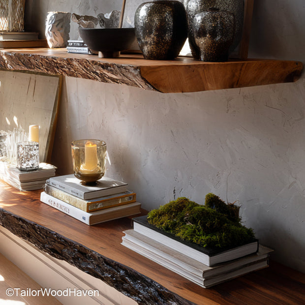 Rustic floating bookshelves crafted from real wood with a natural matte finish and clean bracket free mount, ideal for cozy reading spaces