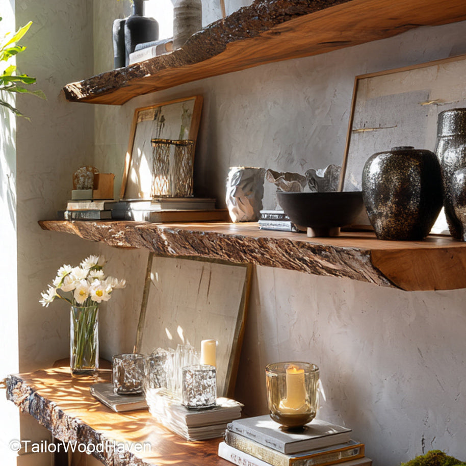 Rustic floating bookshelves crafted from real wood with a natural matte finish and clean bracket free mount, ideal for cozy reading spaces
