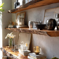 Rustic floating bookshelves crafted from real wood with a natural matte finish and clean bracket free mount, ideal for cozy reading spaces