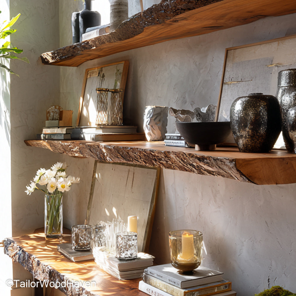 Rustic floating bookshelves crafted from real wood with a natural matte finish and clean bracket free mount, ideal for cozy reading spaces