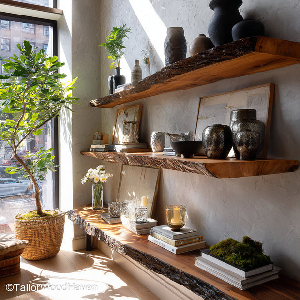 Rustic floating bookshelves crafted from real wood with a natural matte finish and clean bracket free mount, ideal for cozy reading spaces