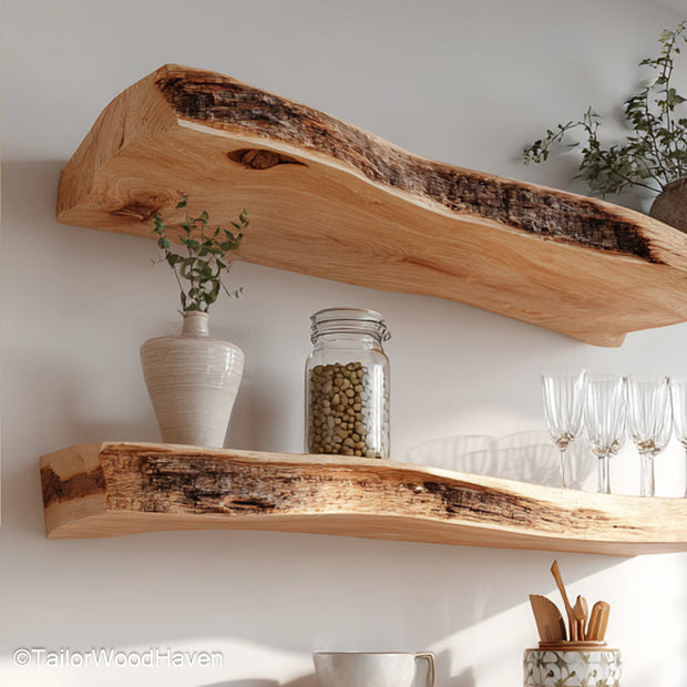 Kitchen rustic floating shelves crafted from distressed wood with sealed surface and floating hardware, perfect for rustic kitchen walls
