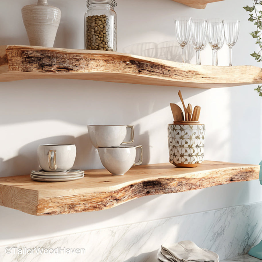 Kitchen rustic floating shelves crafted from distressed wood with sealed surface and floating hardware, perfect for rustic kitchen walls