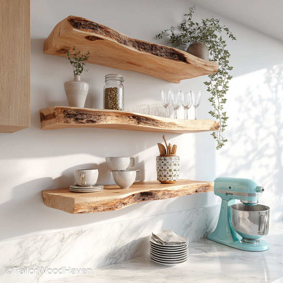 Kitchen rustic floating shelves crafted from distressed wood with sealed surface and floating hardware, perfect for rustic kitchen walls