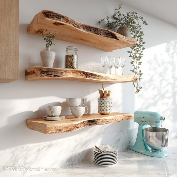 Kitchen rustic floating shelves crafted from distressed wood with sealed surface and floating hardware, perfect for rustic kitchen walls