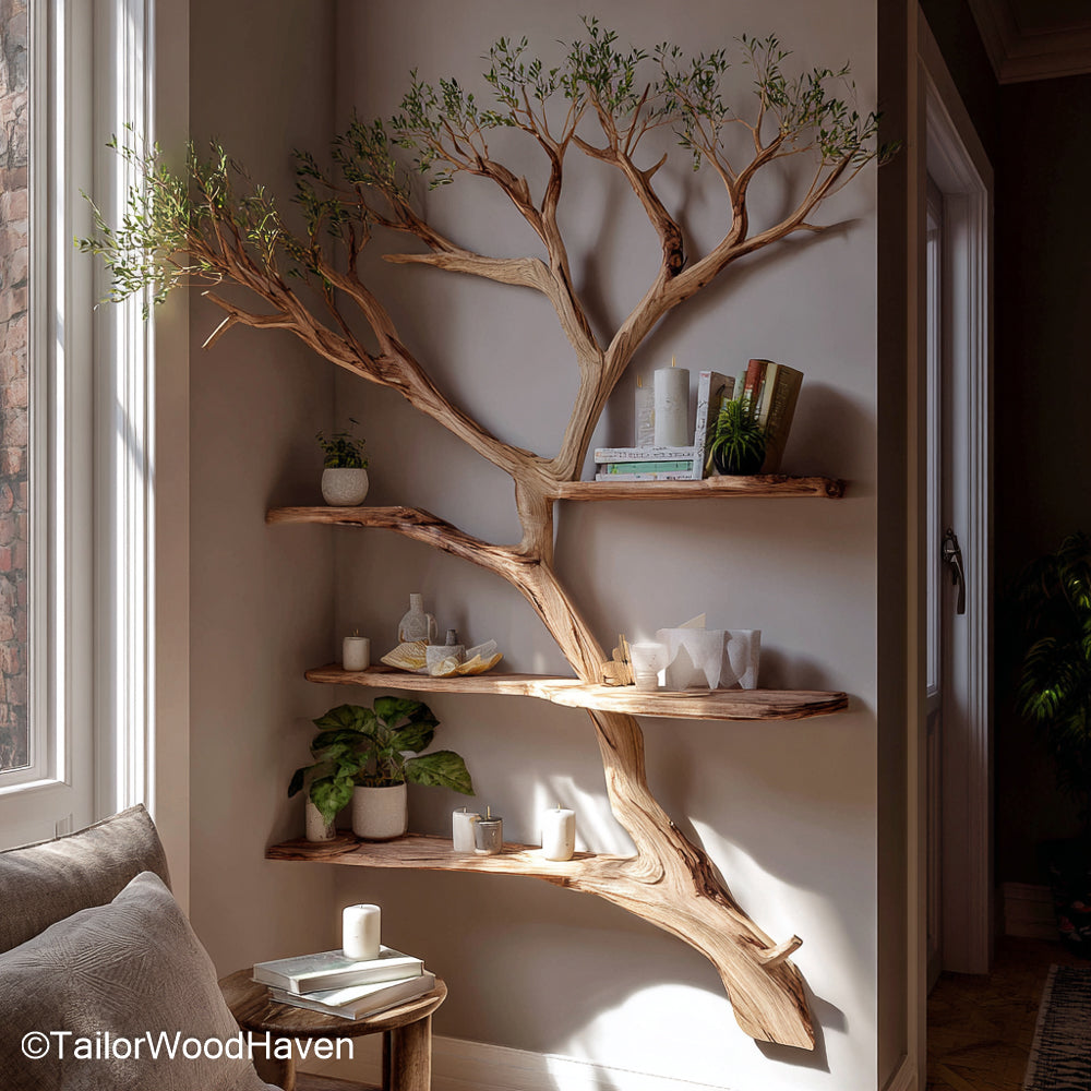 Solid wood tree trunk floating shelf with branches and leaves, holding books, by a window
