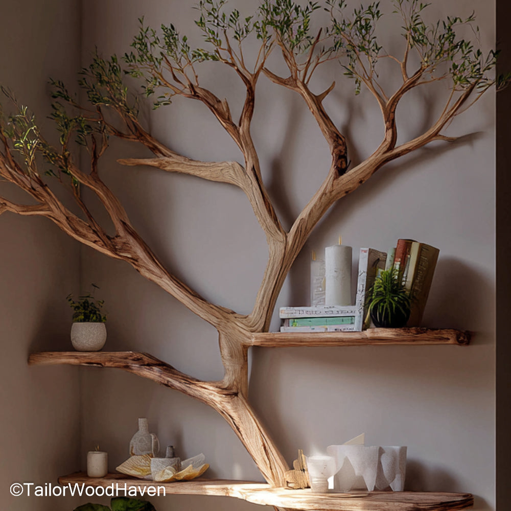 Tree trunk floating bookshelf in natural wood with branching shelves of books and plants