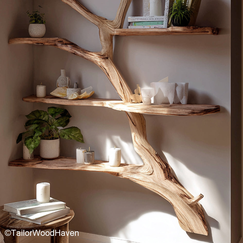 Close view of the tree trunk shelf's branches holding books and small plants