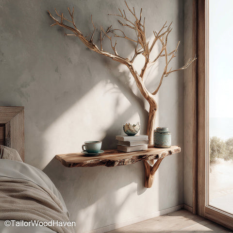 Mountable Nightstand crafted from solid wood with floating wall support and compact surface, ideal for small modern bedrooms or tight sleeping areas
