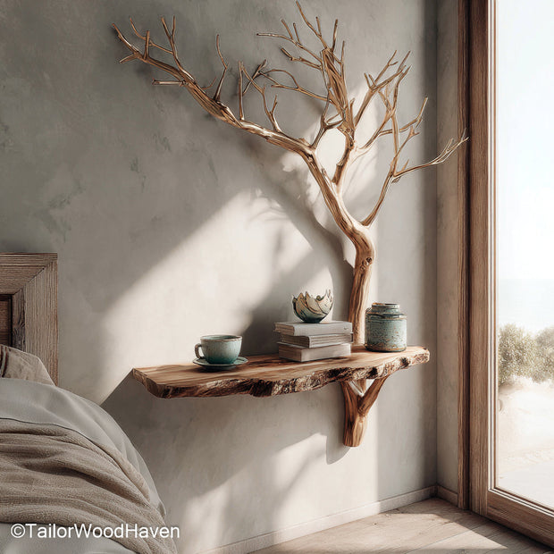 Mountable Nightstand crafted from solid wood with floating wall support and compact surface, ideal for small modern bedrooms or tight sleeping areas