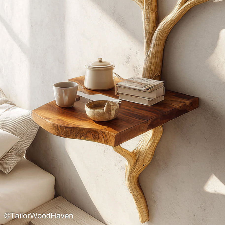 Small Wall Mounted Side Table handcrafted in hardwood with compact dimensions and wall support, great for tight spaces or minimalist interiors